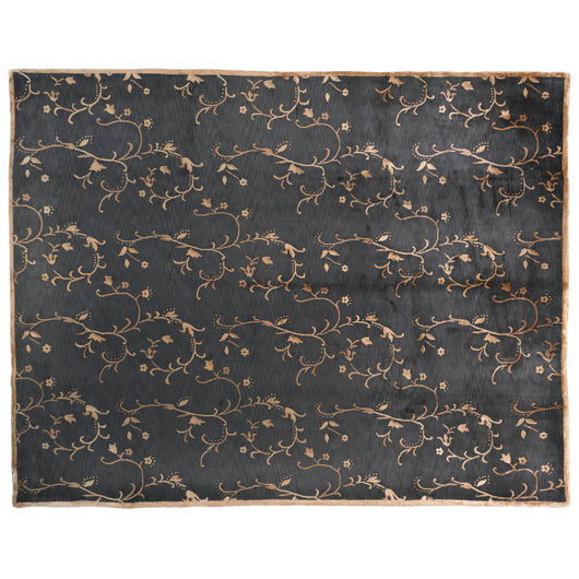 Black and Gold Floral Wool and Silk Area Rug