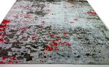 Contemporary Abstract Rug in Silver, Charcoal and Red