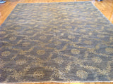 Blue Floral Stencil Design Wool and Silk Area Rug