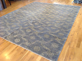 Blue Floral Stencil Design Wool and Silk Area Rug