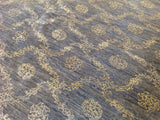 Blue Floral Stencil Design Wool and Silk Area Rug