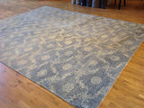 Blue Floral Stencil Design Wool and Silk Area Rug