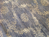 Blue Floral Stencil Design Wool and Silk Area Rug
