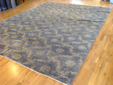 Silver Blue Floral Stencil Design Wool and Silk Rug