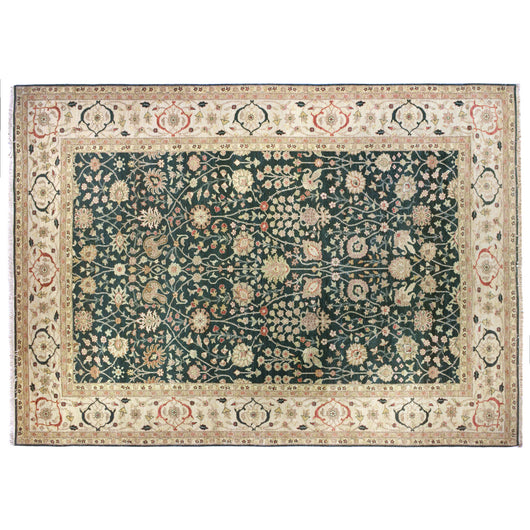 Green and Ivory Traditional Style Wool Area Rug