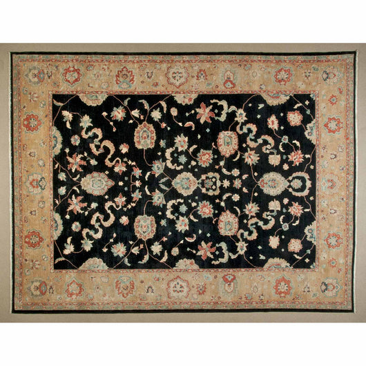 Beige and Black Traditional Wool Area Rug