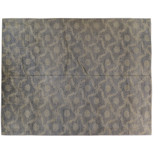 Silver Blue Floral Stencil Design Wool and Silk Rug