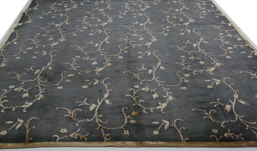 Black and Gold Floral Wool and Silk Area Rug Aga John Oriental Rugs