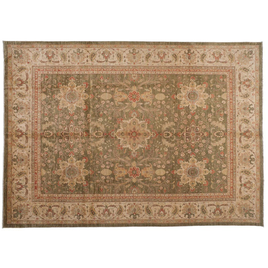 Traditional Pakistani Green and Beige Floral Rug